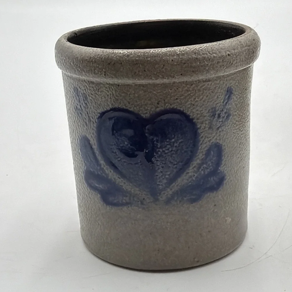 Vintage 1993 Small Rowe Pottery Works Salt Glazed Cobalt Blue Heart Crock
